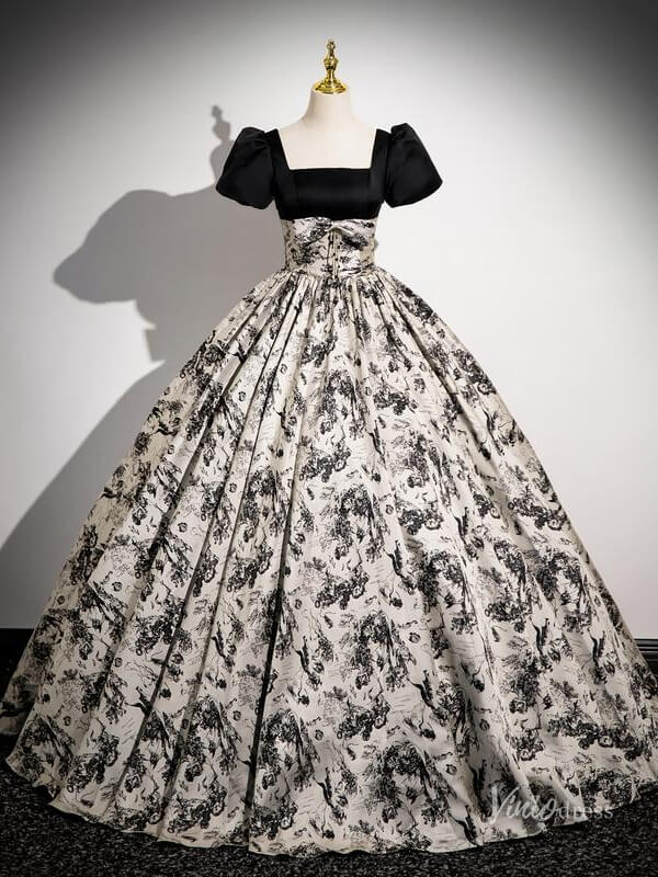 Black Floral Prom Dresses with Puffed Sleeves, Square Neck, Jacquard Quince Dresses BG039 - Viniodressprom dressesBlackCustom Size - Formal Dresses - Ball Gowns