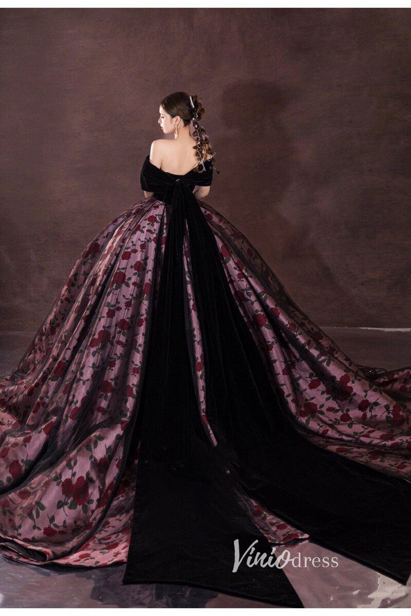 Black Floral Satin Quinceanera Dress Off the Shoulder Formal Dress FD3249-prom dresses 2025 -Viniodress-Black-Custom Size-