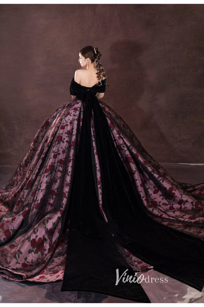 Black Floral Satin Quinceanera Dress Off the Shoulder Formal Dress FD3249-prom dresses 2025 -Viniodress-Black-Custom Size-