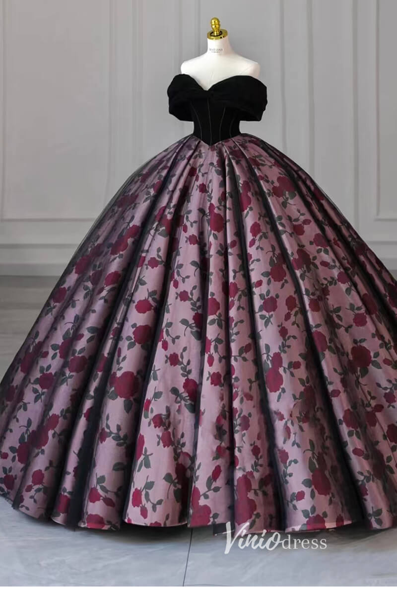 Black Floral Satin Quinceanera Dress Off the Shoulder Formal Dress FD3249-prom dresses 2025 -Viniodress-Black-Custom Size-
