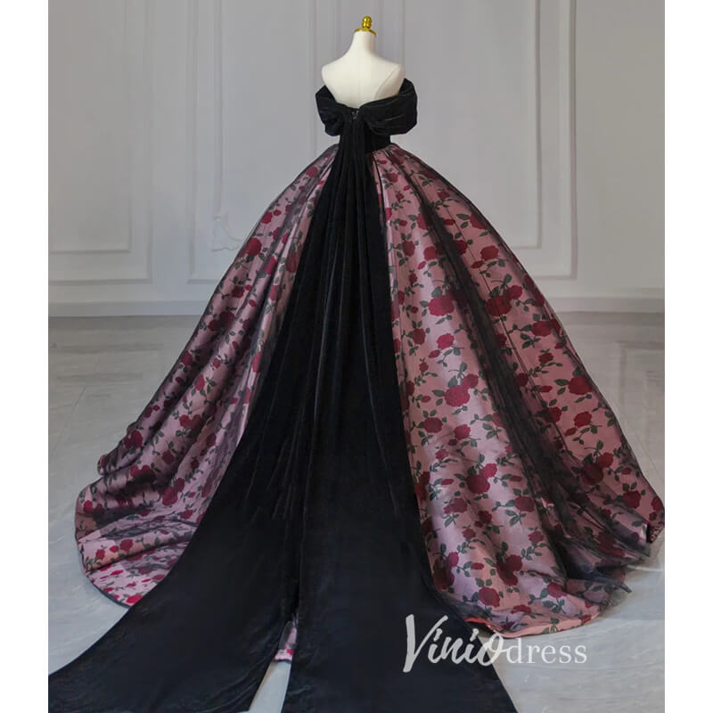 Black Floral Satin Quinceanera Dress Off the Shoulder Formal Dress FD3249-prom dresses 2025 -Viniodress-Black-Custom Size-