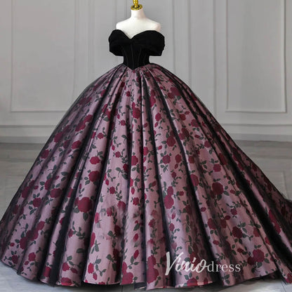 Black Floral Satin Quinceanera Dress Off the Shoulder Formal Dress FD3249-prom dresses 2025 -Viniodress-Black-Custom Size-