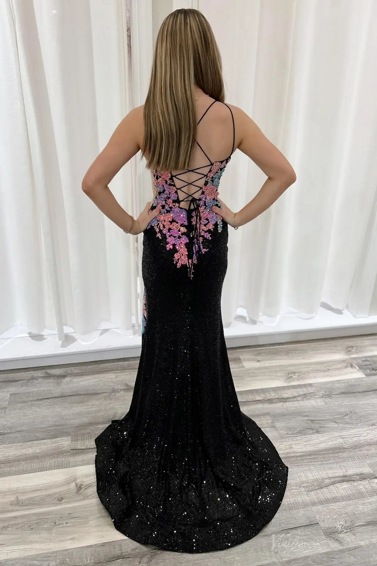 Black Floral Sequin Mermaid Prom Dress with Deep V & High Slit LP029 Viniodress Black Floral Sequin Mermaid Prom Dress with Deep V & High Slit LP029 Viniodress