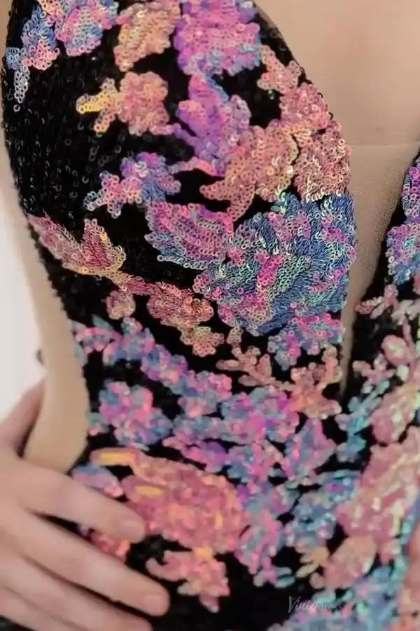 Black Floral Sequin Mermaid Prom Dress with Deep V & High Slit – LP029-prom dresses 2026-Viniodress-Black-Custom Size-