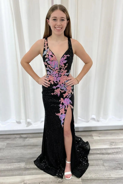 Black Floral Sequin Mermaid Prom Dress with Deep V & High Slit – LP029-prom dresses 2026-Viniodress-Black-Custom Size-