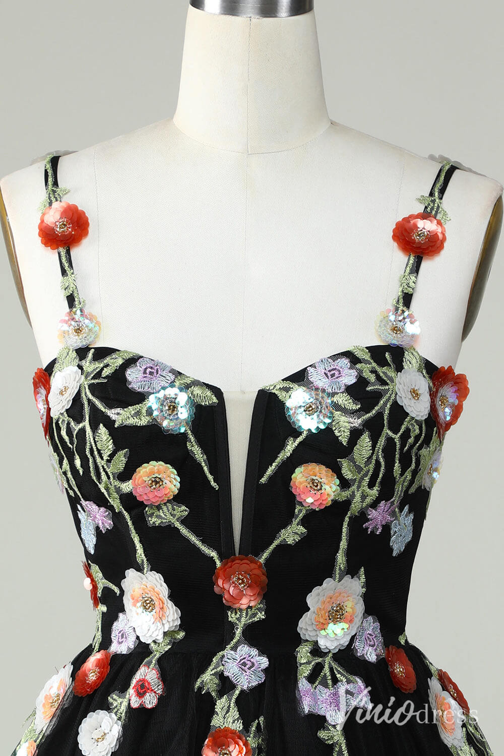 Black Floral Spaghetti Strap Homecoming Dresses Lace Applique Back to School Dress S24083-Homecoming Dresses 2025 -Viniodress-Black-Custom Size-