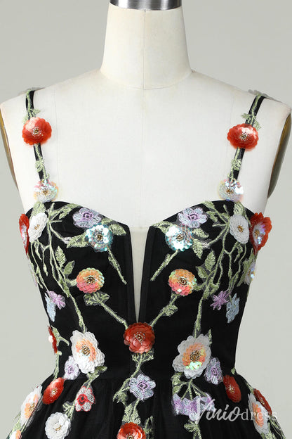 Black Floral Spaghetti Strap Homecoming Dresses Lace Applique Back to School Dress S24083-Homecoming Dresses 2025 -Viniodress-Black-Custom Size-