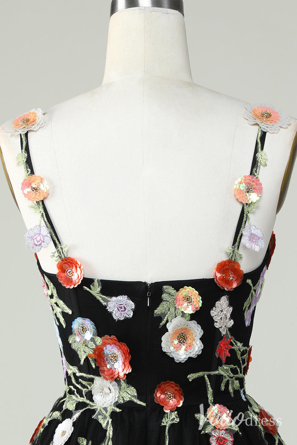 Black Floral Spaghetti Strap Homecoming Dresses Lace Applique Back to School Dress S24083-Homecoming Dresses 2025 -Viniodress-Black-Custom Size-