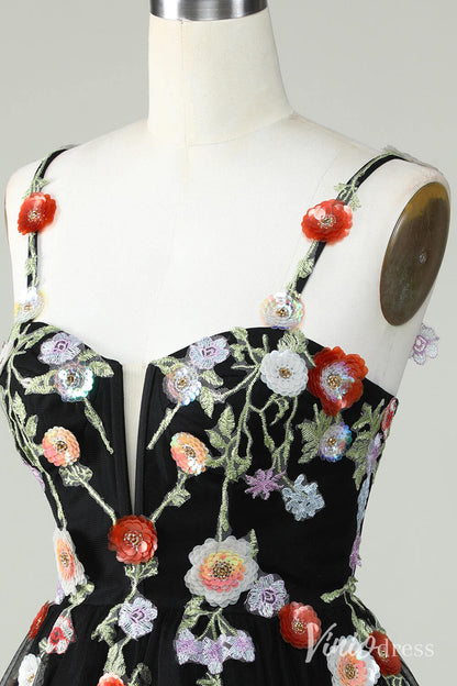 Black Floral Spaghetti Strap Homecoming Dresses Lace Applique Back to School Dress S24083-Homecoming Dresses 2025 -Viniodress-Black-Custom Size-