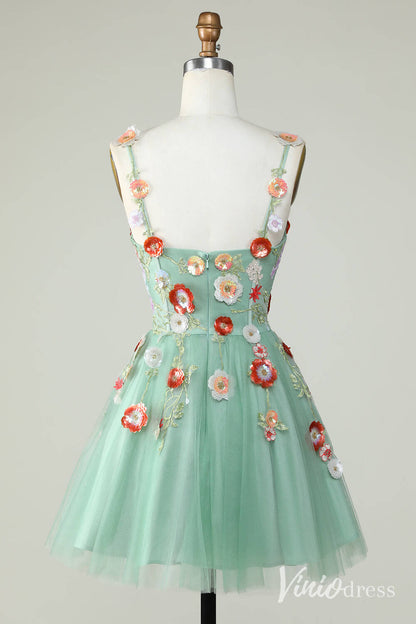 Black Floral Spaghetti Strap Homecoming Dresses Lace Applique Back to School Dress S24083-Homecoming Dresses 2025 -Viniodress-Black-Custom Size-