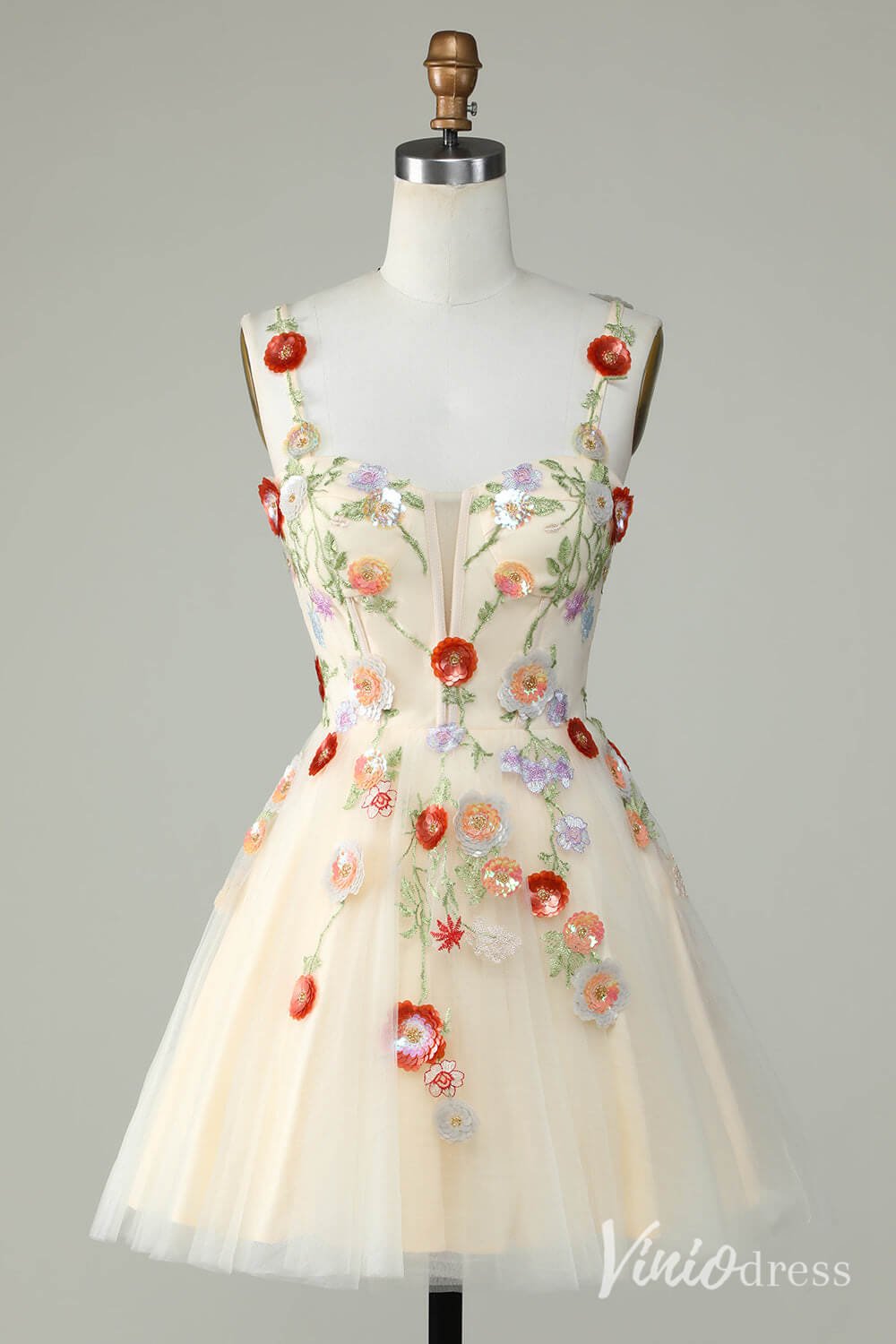 Black Floral Spaghetti Strap Homecoming Dresses Lace Applique Back to School Dress S24083-Homecoming Dresses 2025 -Viniodress-Champagne-Custom Size-