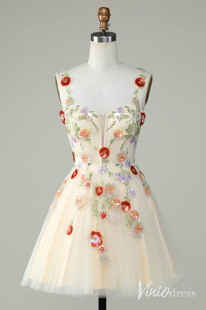 Black Floral Spaghetti Strap Homecoming Dresses Lace Applique Back to School Dress S24083-Homecoming Dresses 2025 -Viniodress-Champagne-Custom Size-