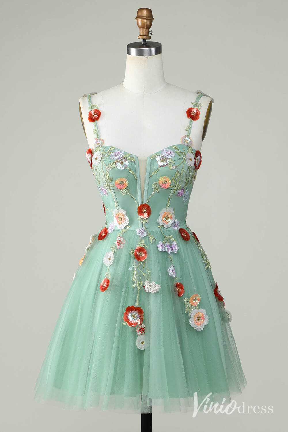 Black Floral Spaghetti Strap Homecoming Dresses Lace Applique Back to School Dress S24083-Homecoming Dresses 2025 -Viniodress-Green-Custom Size-