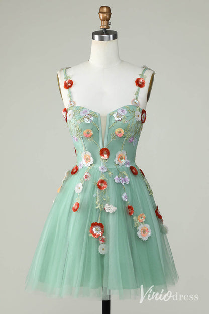 Black Floral Spaghetti Strap Homecoming Dresses Lace Applique Back to School Dress S24083-Homecoming Dresses 2025 -Viniodress-Green-Custom Size-