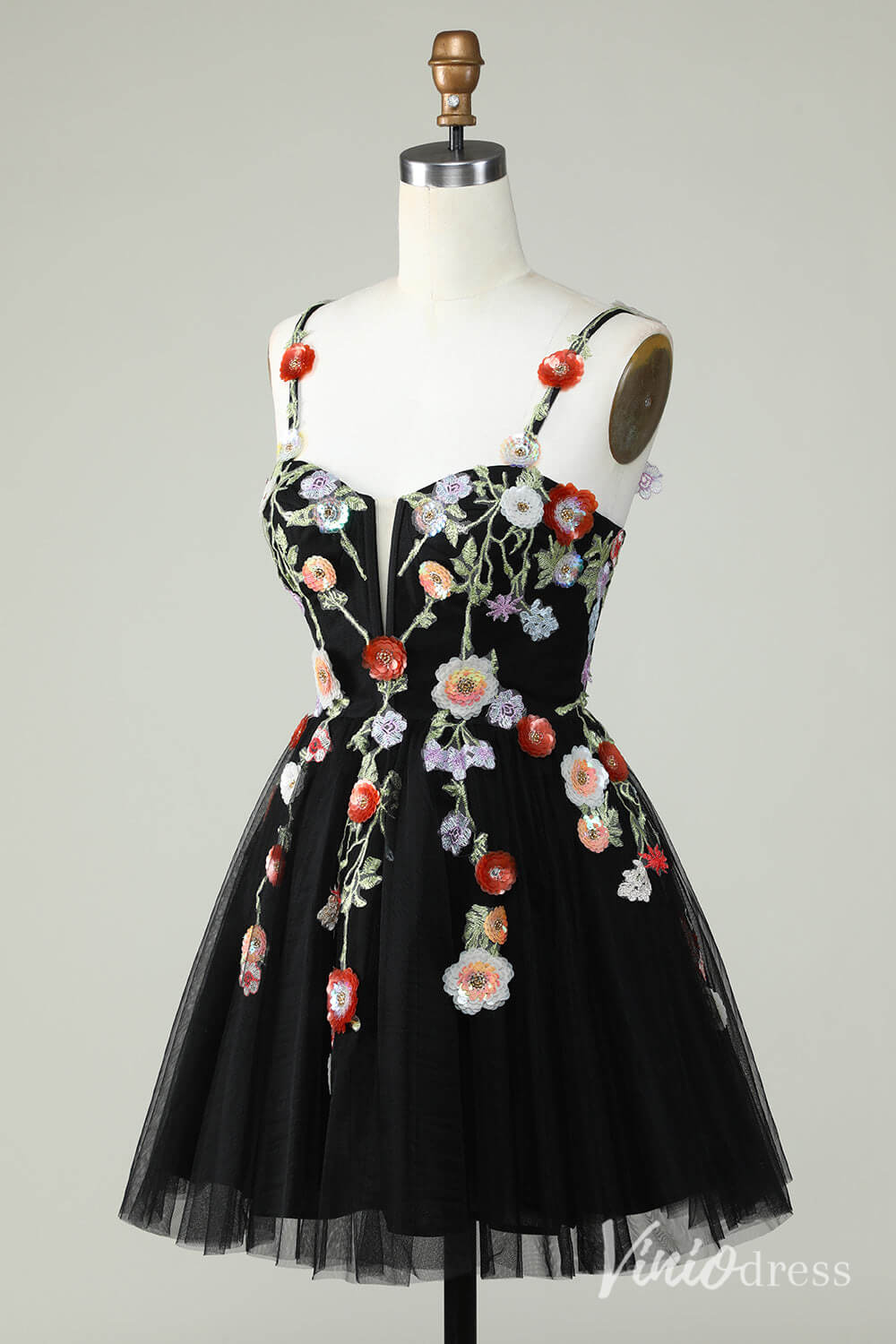 Black Floral Spaghetti Strap Homecoming Dresses Lace Applique Back to School Dress S24083-Homecoming Dresses 2025 -Viniodress-Black-Custom Size-