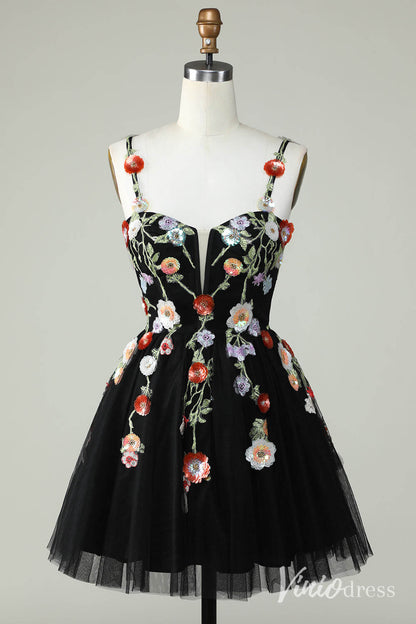 Black Floral Spaghetti Strap Homecoming Dresses Lace Applique Back to School Dress S24083-Homecoming Dresses 2025 -Viniodress-Black-Custom Size-