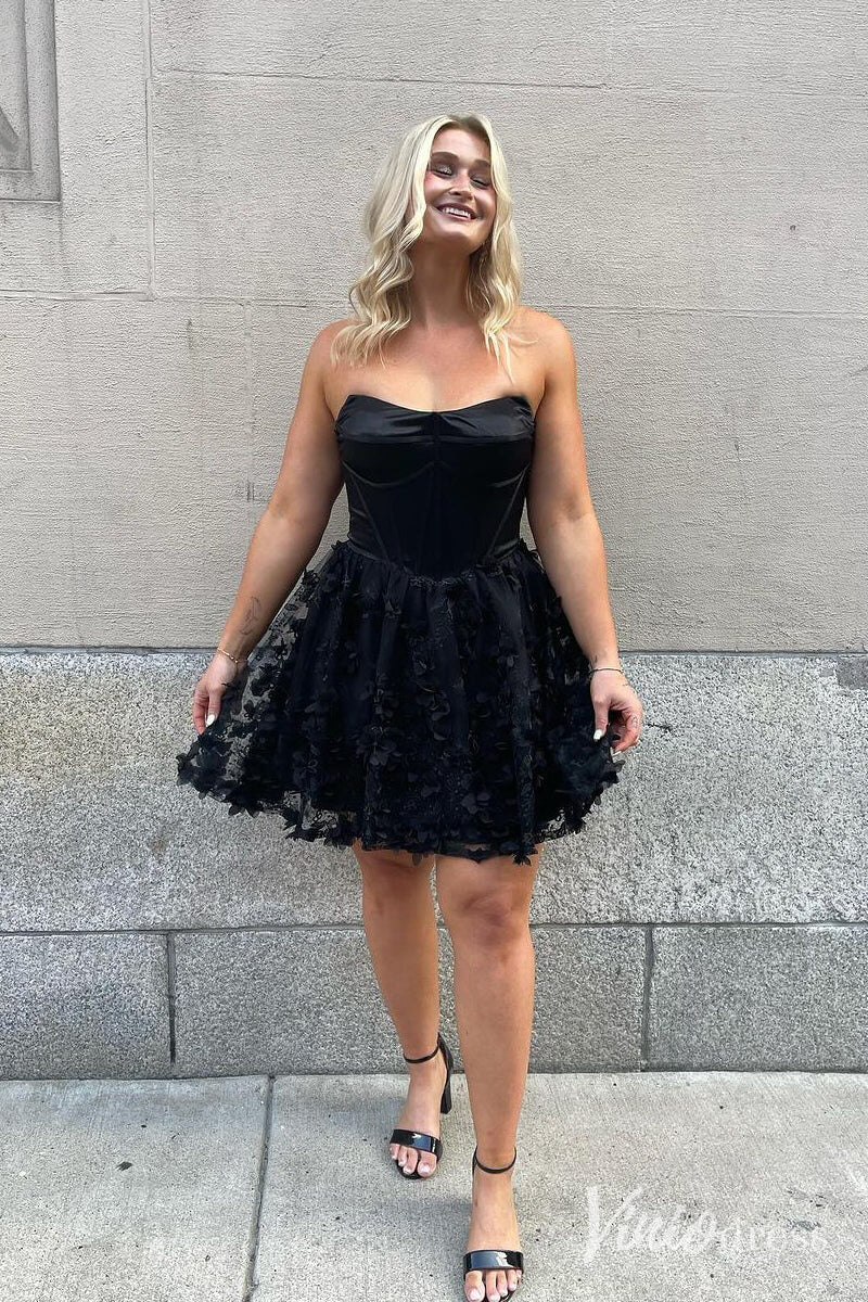 Black Floral Sweetheart Homecoming Dresses Strapless Graduation Dress SD1649 - ViniodressHomecoming DressesBlackCustom Size - Formal Dresses - Ball Gowns