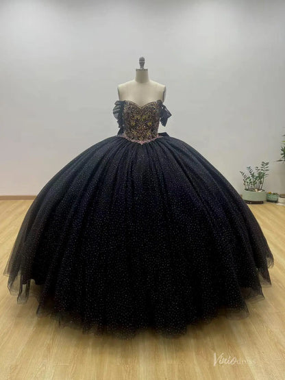 Black Glitter Quinceañera Ball Gown Dress with Gold Beaded Bodice & Bow Back – QC014-Quinceanera Dresses 2026-Viniodress-Black-Custom Size – Add Measurements in Cart-