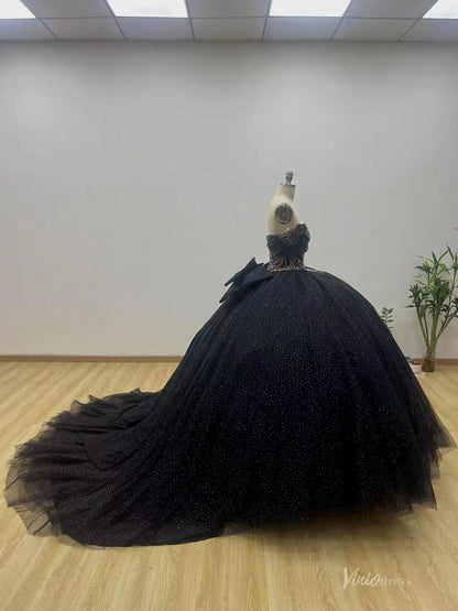 Black Glitter Quinceañera Ball Gown Dress with Gold Beaded Bodice & Bow Back – QC014-Quinceanera Dresses 2026-Viniodress-Black-Custom Size – Add Measurements in Cart-
