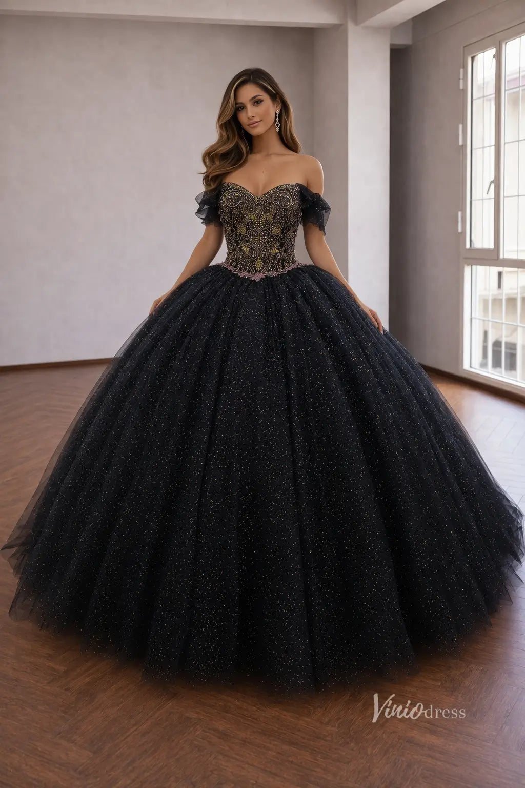 Black Glitter Quinceañera Ball Gown Dress with Gold Beaded Bodice & Bow Back – QC014-Quinceanera Dresses 2026-Viniodress-Black-Custom Size – Add Measurements in Cart-