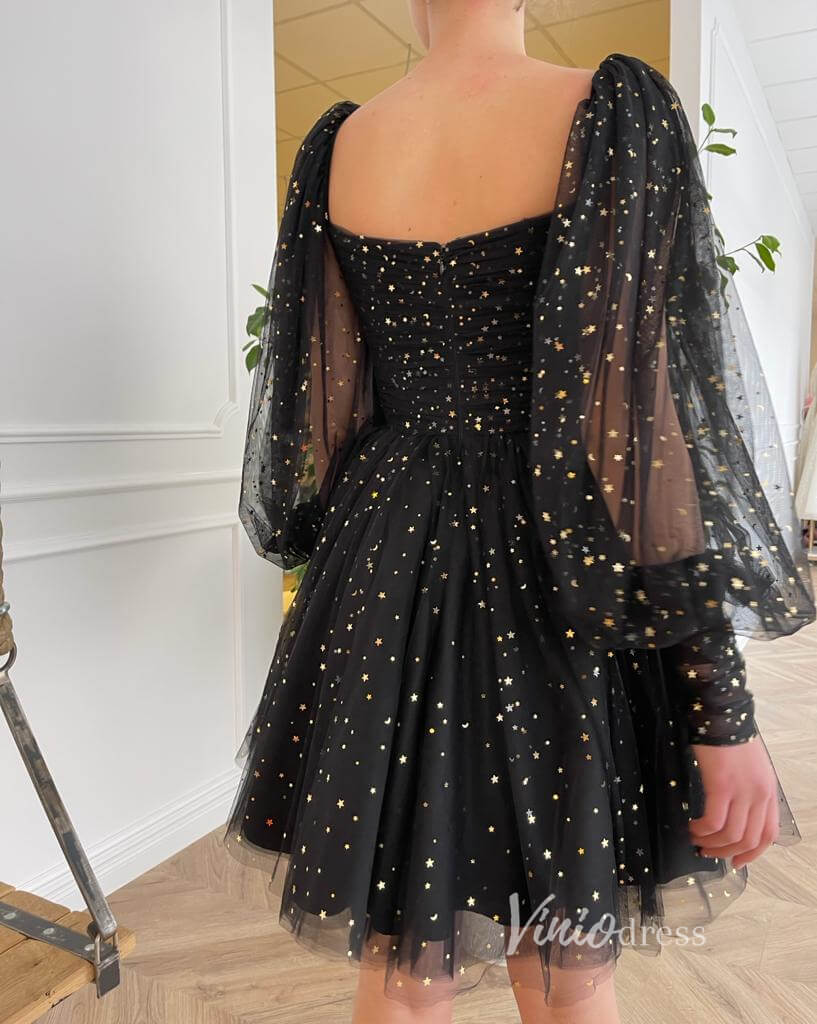 Black Glitter Star Homecoming Dresses with Long Sleeve FD1639B-Homecoming Dresses 2025 -Viniodress-Black-Custom Size-