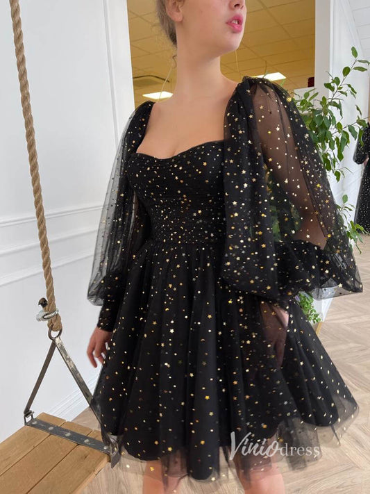 Short Prom Dresses 2025 Black Glitter Star Homecoming Dresses with Long Sleeve FD1639B-homecoming dresses-Viniodress-Black-Custom Size-Viniodress