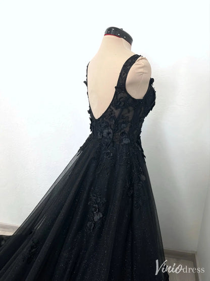 Black Glitter Tulle Wedding Dress with Deep V-Neckline, 3D Floral Appliqué, and Chapel Train – BK114-wedding dresses 2025 -Viniodress-Black-Custom Size-