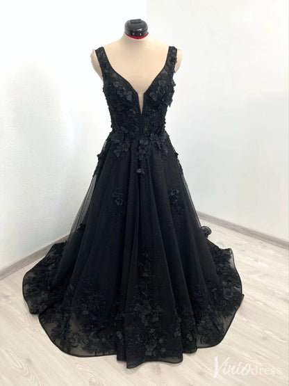 Black Glitter Tulle Wedding Dress with Deep V-Neckline, 3D Floral Appliqué, and Chapel Train – BK114-wedding dresses 2025 -Viniodress-Black-Custom Size-