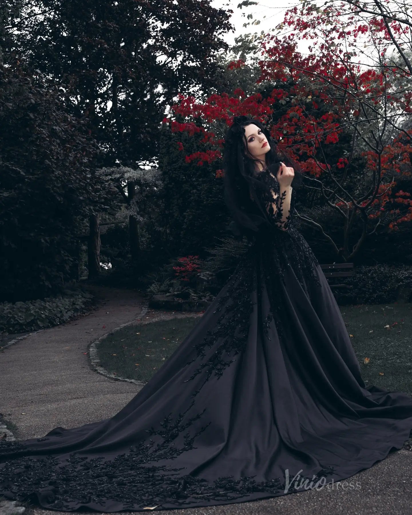 Black Gothic Wedding Dress | Long Sleeve Satin Gown with Beaded Lace A Viniodress Black Gothic Wedding Dress | Long Sleeve Satin Gown with Beaded Lace A Viniodress