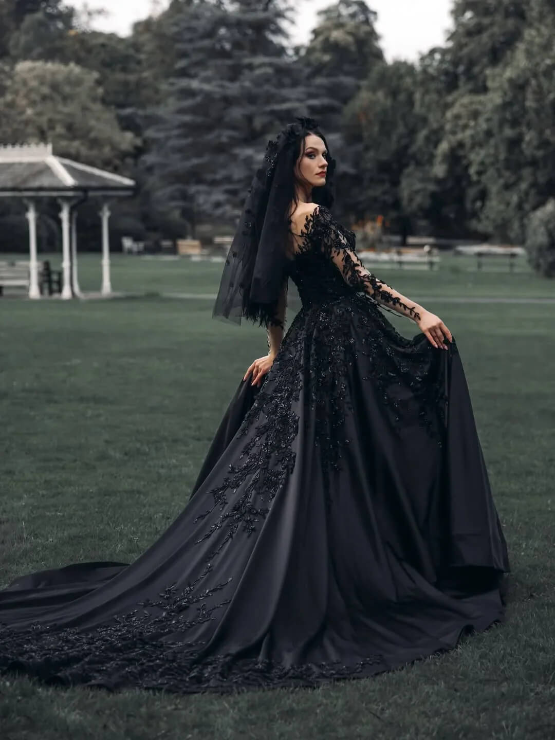 Black Gothic Wedding Dress | Long Sleeve Satin Gown with Beaded Lace A Viniodress Black Gothic Wedding Dress | Long Sleeve Satin Gown with Beaded Lace A Viniodress