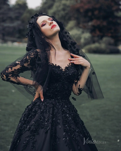 Black Gothic Wedding Dress | Long Sleeve Satin Gown with Beaded Lace Appliqués BK111-wedding dresses 2025 -Viniodress-Black-Custom Size-