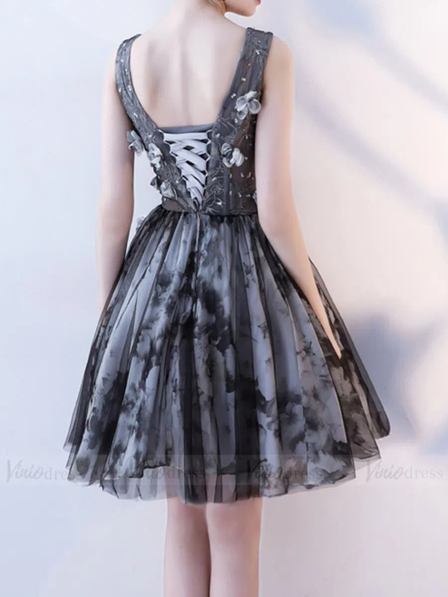 Short Prom Dresses 2025 Black & Gray Floral Homecoming Dresses with Corset Back SD1003B-homecoming dresses-Viniodress-As Picture-Custom Size-Viniodress