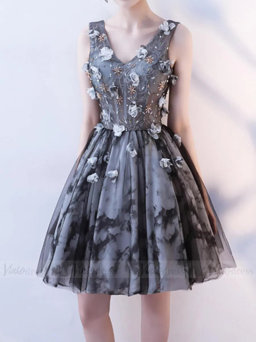 Short Prom Dresses 2025 Black & Gray Floral Homecoming Dresses with Corset Back SD1003B-homecoming dresses-Viniodress-As Picture-Custom Size-Viniodress