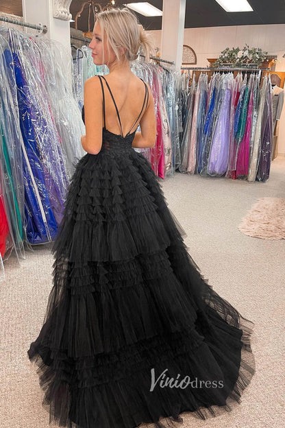 Black High-Low Ruffled Prom Dress with Plunging V-Neck and Lace Applique FD3483-prom dresses 2025 -Viniodress-Black-Custom Size-