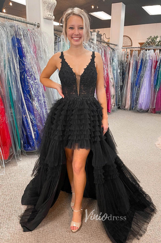 Black High-Low Ruffled Prom Dress with Plunging V-Neck and Lace Applique FD3483-prom dresses 2025 -Viniodress-Black-Custom Size-