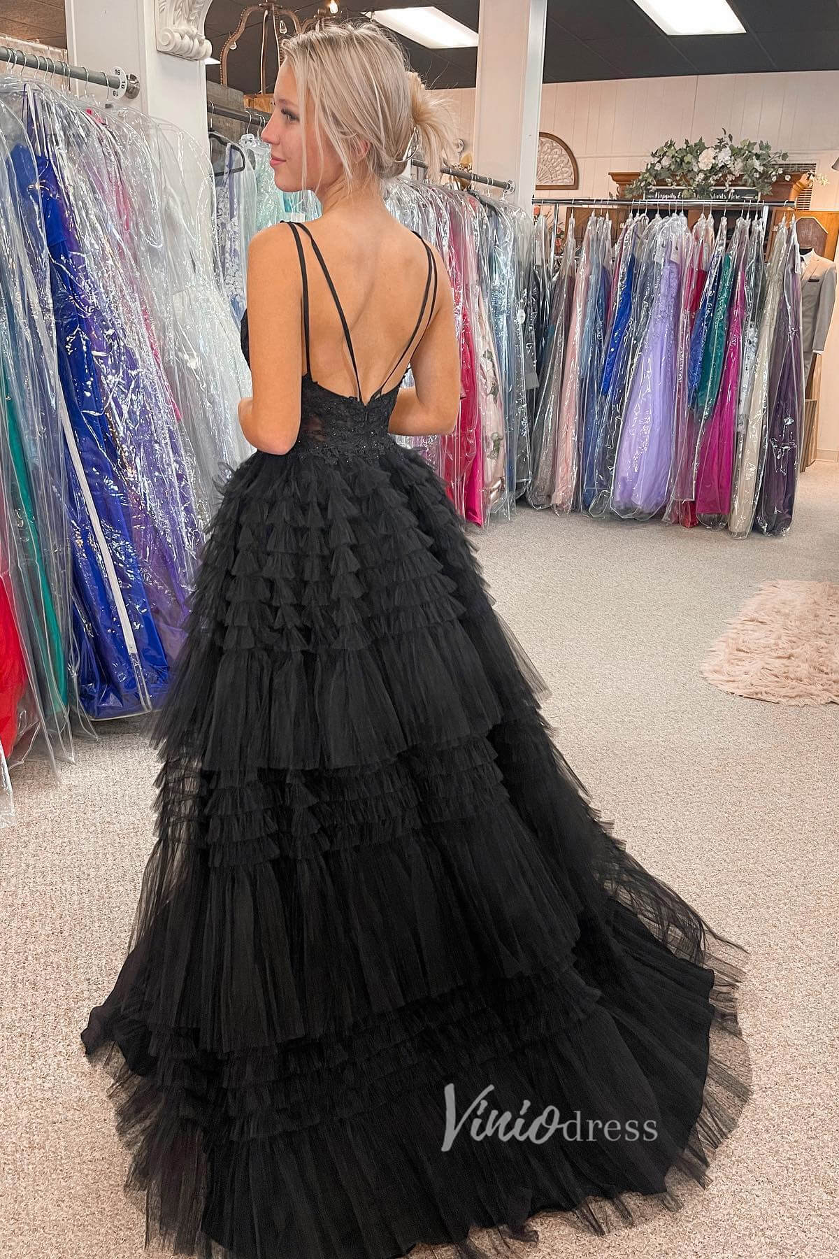 Black High - Low Ruffled Prom Dress with Plunging V - Neck and Lace Applique FD3483 - Viniodressprom dressesBlackCustom Size - Formal Dresses - Ball Gowns