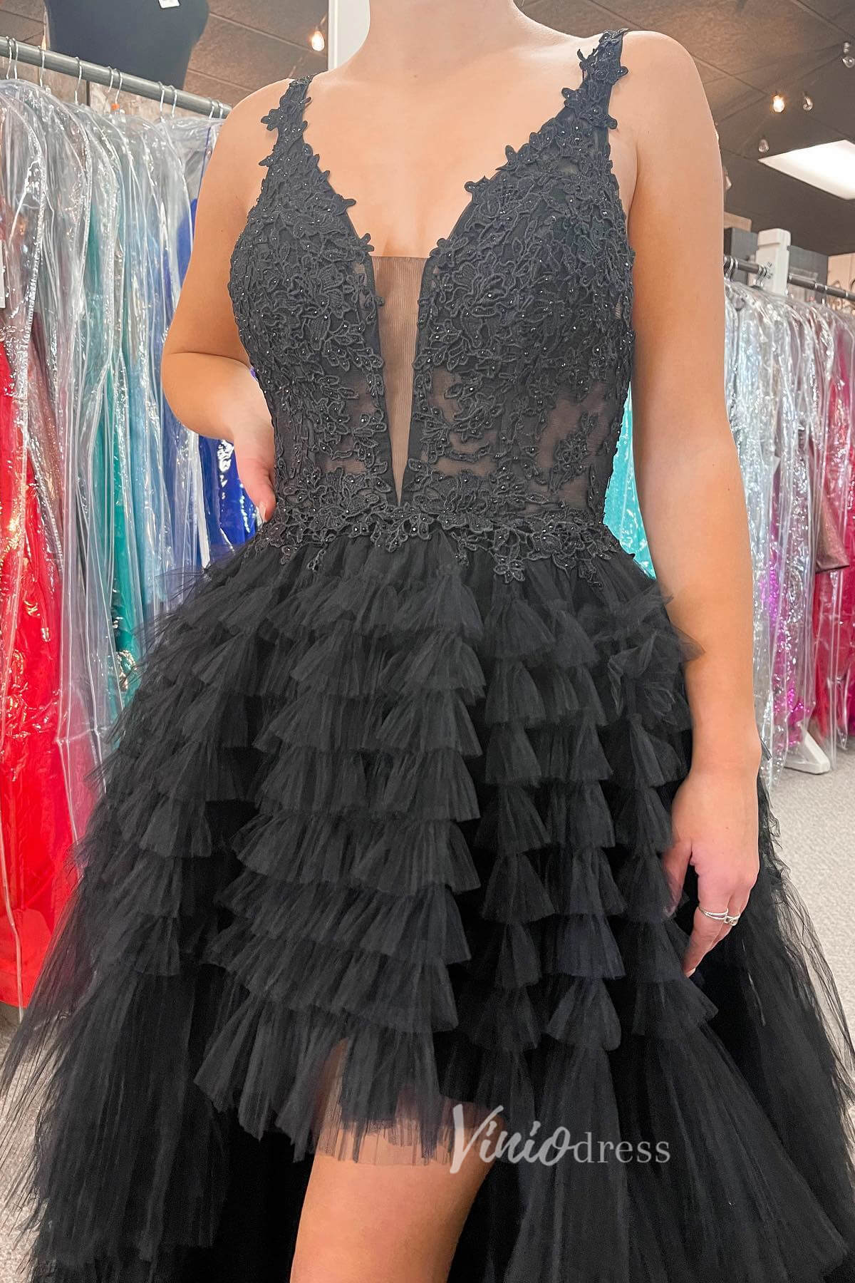 Black High - Low Ruffled Prom Dress with Plunging V - Neck and Lace Applique FD3483 - Viniodressprom dressesBlackCustom Size - Formal Dresses - Ball Gowns