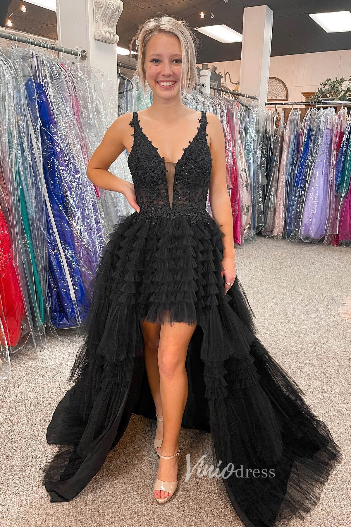 Black High - Low Ruffled Prom Dress with Plunging V - Neck and Lace Applique FD3483 - Viniodressprom dressesBlackCustom Size - Formal Dresses - Ball Gowns