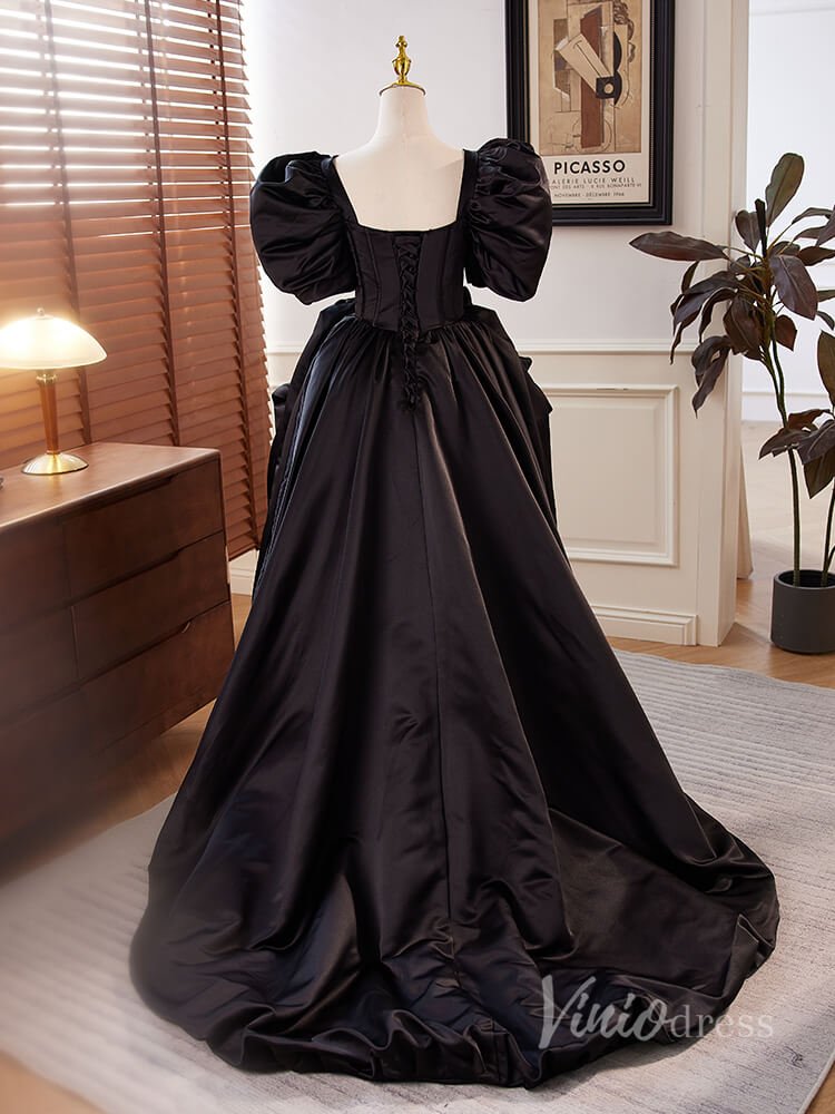 Black High-Low Satin Prom Dresses Puffed Sleeve Boned Boidce Pearl Neckline 90030-prom dresses 2025 -Viniodress-Black-Custom Size-