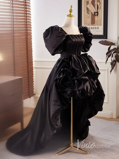 Black High-Low Satin Prom Dresses Puffed Sleeve Boned Boidce Pearl Neckline 90030-prom dresses 2025 -Viniodress-Black-Custom Size-