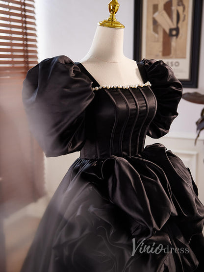 Black High-Low Satin Prom Dresses Puffed Sleeve Boned Boidce Pearl Neckline 90030-prom dresses 2025 -Viniodress-Black-Custom Size-
