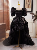 Black High-Low Satin Prom Dresses Puffed Sleeve Boned Boidce Pearl Neckline 90030