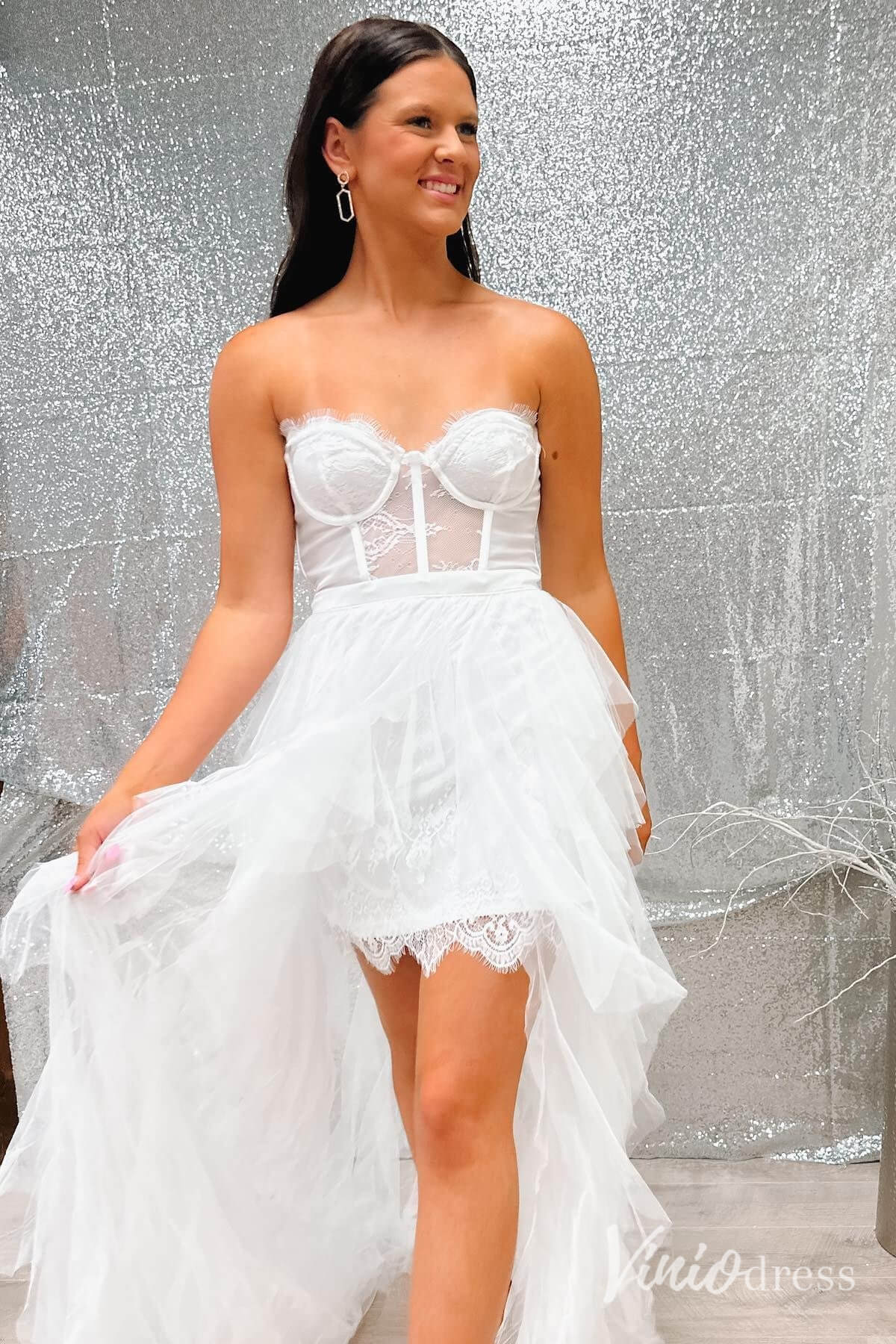 Black High-Low Sheer Lace Homecoming Dresses Ruffled Spaghetti Strap Party Dress SD1659-Homecoming Dresses 2025 -Viniodress-Black-Custom Size-