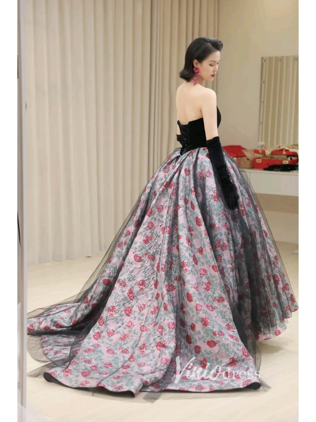 Black Jacquard Lace Prom Dresses Strapless Floral Quinceanera Dress FD3444-prom dresses 2025 -Viniodress-Black-Custom Size-