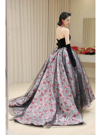 Black Jacquard Lace Prom Dresses Strapless Floral Quinceanera Dress FD3444-prom dresses 2025 -Viniodress-Black-Custom Size-