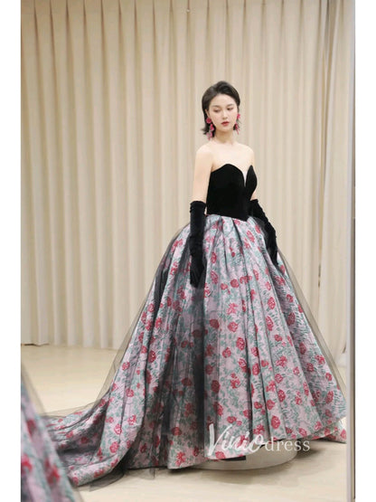 Black Jacquard Lace Prom Dresses Strapless Floral Quinceanera Dress FD3444-prom dresses 2025 -Viniodress-Black-Custom Size-