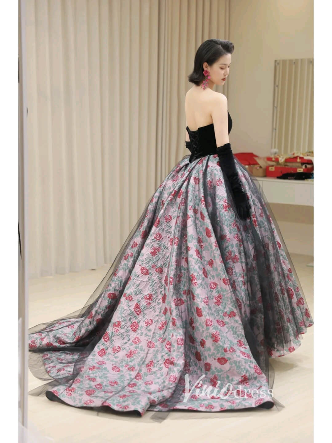 Black Jacquard Lace Prom Dresses Strapless Floral Quinceanera Dress FD3444 - Viniodressprom dressesBlackCustom Size - Formal Dresses - Ball Gowns