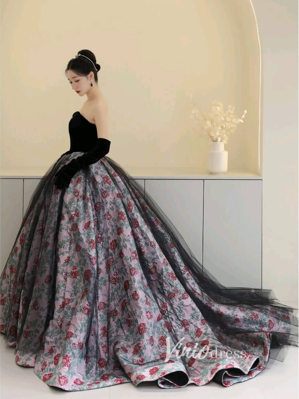 Black Jacquard Lace Prom Dresses Strapless Floral Quinceanera Dress FD3444 - Viniodressprom dressesBlackCustom Size - Formal Dresses - Ball Gowns