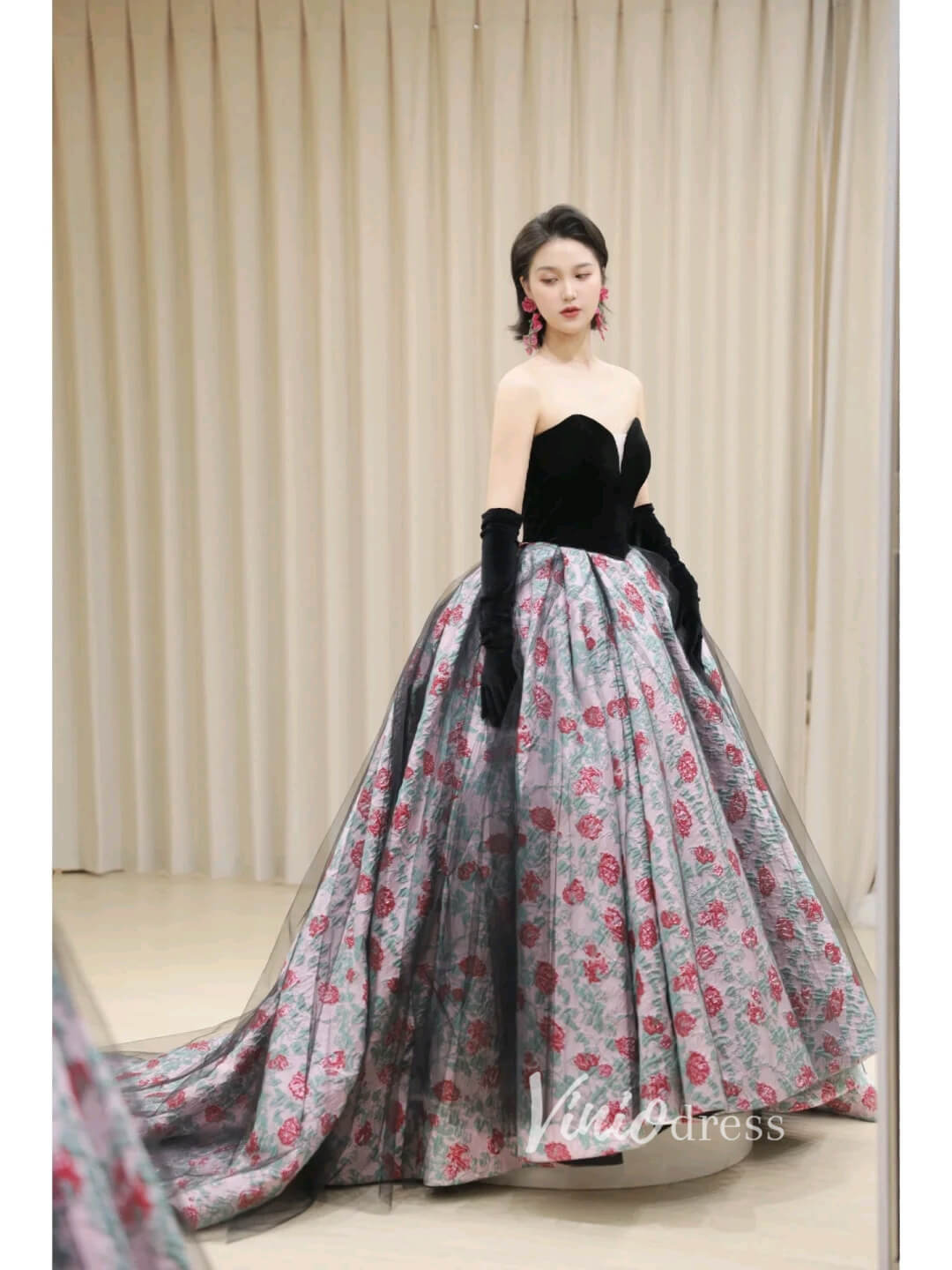 Black Jacquard Lace Prom Dresses Strapless Floral Quinceanera Dress FD3444 - Viniodressprom dressesBlackCustom Size - Formal Dresses - Ball Gowns