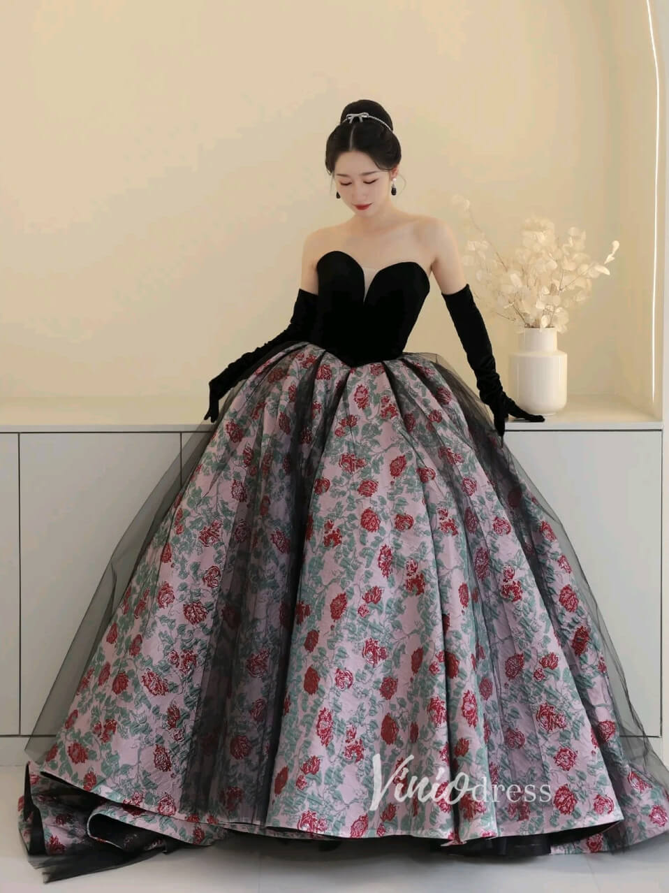 Black Jacquard Lace Prom Dresses Strapless Floral Quinceanera Dress FD3444 - Viniodressprom dressesBlackCustom Size - Formal Dresses - Ball Gowns